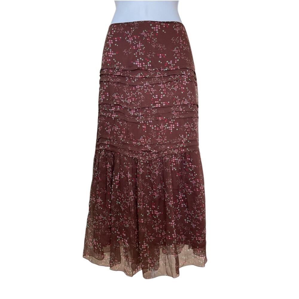 Vintage Y2k Boho Fairy Sheer Brown Silk Abstract Dots Tiered Midi Skirt Size S